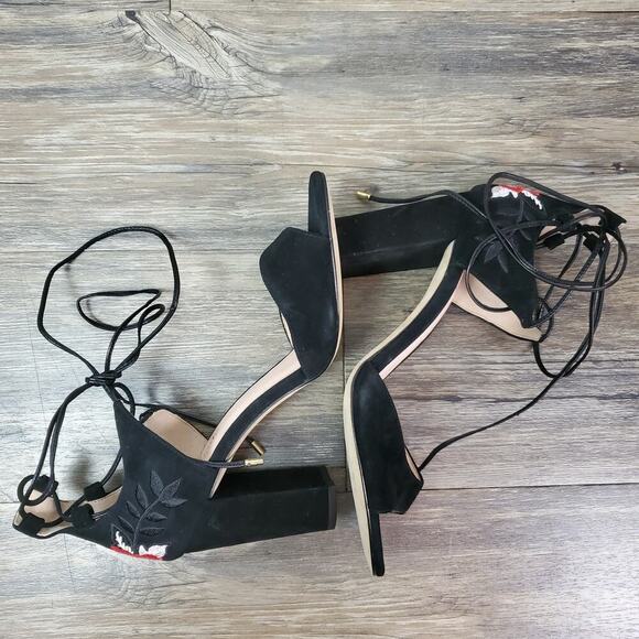 Kate Spade Oasis Lace-Up Suede Heels Floral Embroidered Sandals Black Size 6.5 - Picture 7 of 9